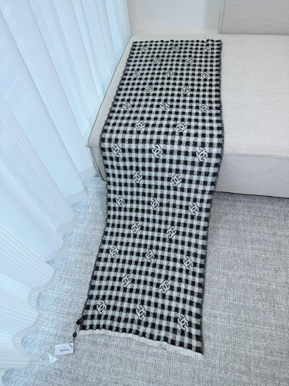 Chanel Check Pattern Logo Detail Scarf - 973234743 - Photo 6